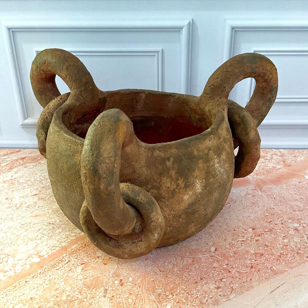 Handmade Rustic Clay Bowl w/ 3 Loop Handles Matte Brown Red Interior Round